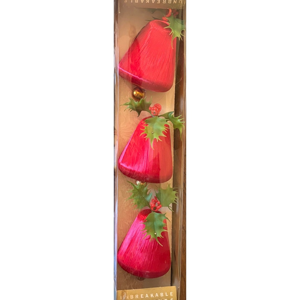 Vintage NIP Holiday House Red Satin Holly Bell Christmas Ornaments Set of 3